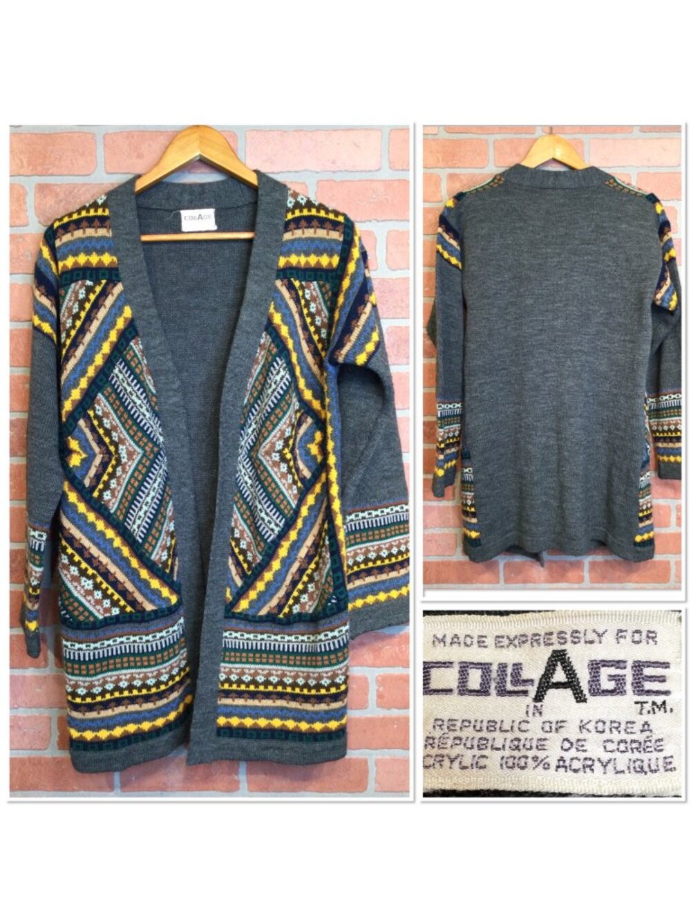 Vintage Collage Acrylic Cardigan Sweater Geometric Pattern Made In Korea